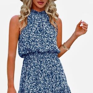 Blue and White Halter Tiered Mini Dress